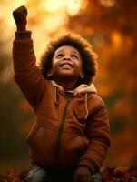 emotional dynamic gestures african kid in autumn AI Generative photo