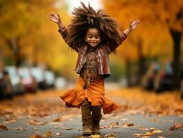 emotional dynamic gestures african kid in autumn AI Generative photo