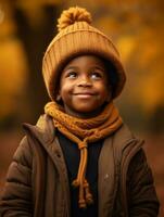 emotional dynamic gestures african kid in autumn AI Generative photo