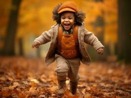 emotional dynamic gestures african kid in autumn AI Generative photo