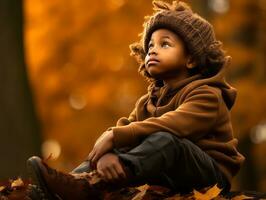 emotional dynamic gestures african kid in autumn AI Generative photo