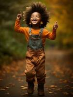 emotional dynamic gestures african kid in autumn AI Generative photo