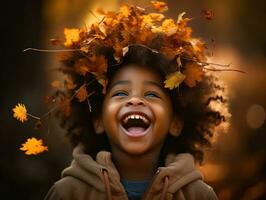 emotional dynamic gestures african kid in autumn AI Generative photo