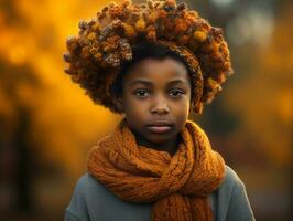 emotional dynamic gestures african kid in autumn AI Generative photo