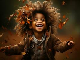 emotional dynamic gestures african kid in autumn AI Generative photo