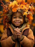 emotional dynamic gestures african kid in autumn AI Generative photo