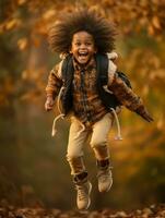 emotional dynamic gestures african kid in autumn AI Generative photo