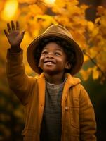 emocional dinámica gestos africano niño en otoño ai generativo foto