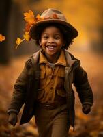 emotional dynamic gestures african kid in autumn AI Generative photo