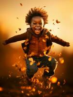 emotional dynamic gestures african kid in autumn AI Generative photo