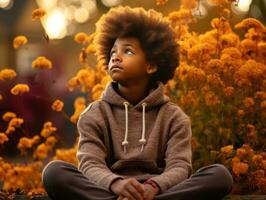 emotional dynamic gestures african kid in autumn AI Generative photo