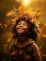 emotional dynamic gestures african kid in autumn AI Generative photo