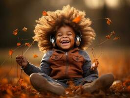 emotional dynamic gestures african kid in autumn AI Generative photo