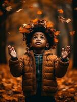 emotional dynamic gestures african kid in autumn AI Generative photo