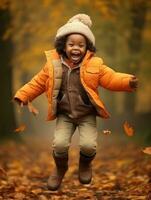 emotional dynamic gestures african kid in autumn AI Generative photo