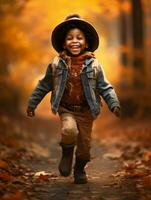 emotional dynamic gestures african kid in autumn AI Generative photo