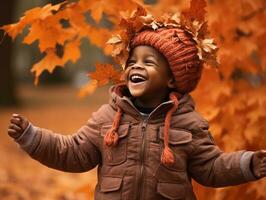 emotional dynamic gestures african kid in autumn AI Generative photo