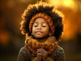 emotional dynamic gestures african kid in autumn AI Generative photo