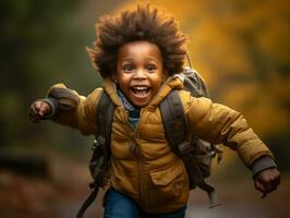 emocional dinámica gestos africano niño en otoño ai generativo foto