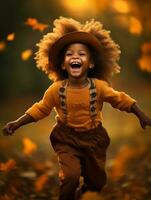 emotional dynamic gestures african kid in autumn AI Generative photo