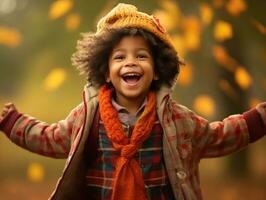 emotional dynamic gestures african kid in autumn AI Generative photo