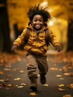 emotional dynamic gestures african kid in autumn AI Generative photo