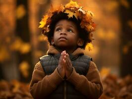 emotional dynamic gestures african kid in autumn AI Generative photo