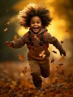 emotional dynamic gestures african kid in autumn AI Generative photo