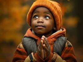 emotional dynamic gestures african kid in autumn AI Generative photo