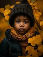 emotional dynamic gestures african kid in autumn AI Generative photo