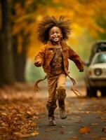 emotional dynamic gestures african kid in autumn AI Generative photo