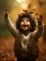 emotional dynamic gestures african kid in autumn AI Generative photo