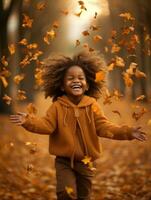 emotional dynamic gestures african kid in autumn AI Generative photo