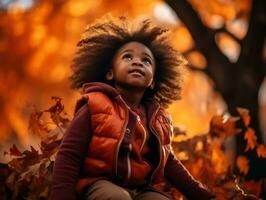 emotional dynamic gestures african kid in autumn AI Generative photo