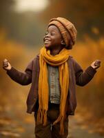 emotional dynamic gestures african kid in autumn AI Generative photo