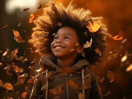 emotional dynamic gestures african kid in autumn AI Generative photo