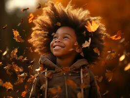 emocional dinámica gestos africano niño en otoño ai generativo foto