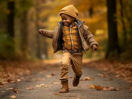 emotional dynamic gestures african kid in autumn AI Generative photo