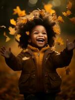 emotional dynamic gestures african kid in autumn AI Generative photo