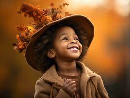 emotional dynamic gestures african kid in autumn AI Generative photo