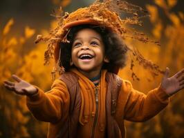 emotional dynamic gestures african kid in autumn AI Generative photo