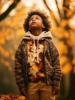 emotional dynamic gestures african kid in autumn AI Generative photo