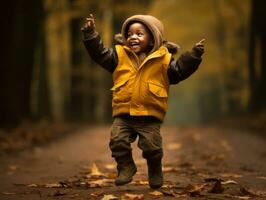 emotional dynamic gestures african kid in autumn AI Generative photo