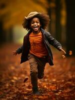 emotional dynamic gestures african kid in autumn AI Generative photo