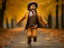 emotional dynamic gestures african kid in autumn AI Generative photo