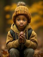 emotional dynamic gestures african kid in autumn AI Generative photo