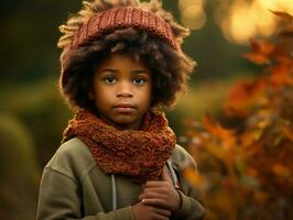 emotional dynamic gestures african kid in autumn AI Generative photo