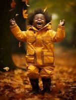 emotional dynamic gestures african kid in autumn AI Generative photo