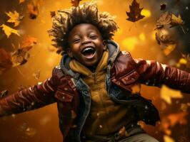emotional dynamic gestures african kid in autumn AI Generative photo