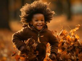 emotional dynamic gestures african kid in autumn AI Generative photo